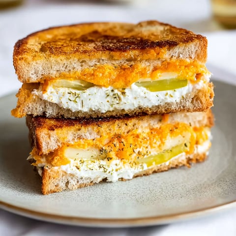 A grilled cheese sandwich with pickles on a plate.
