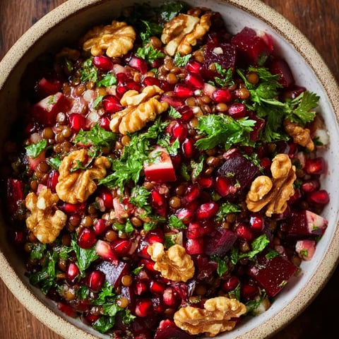 A bowl of food containing red beets, walnuts, and other ingredients.