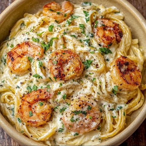 A bowl of spaghetti with shrimp and Alfredo sauce.