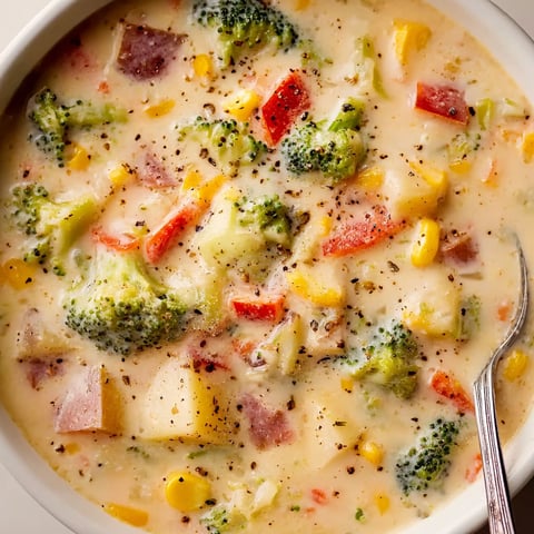 A bowl of creamy soup with broccoli and corn.