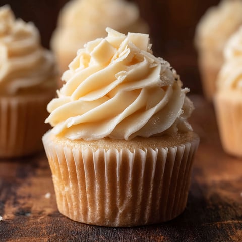 White chocolate cupcake with a swirl of white frosting.