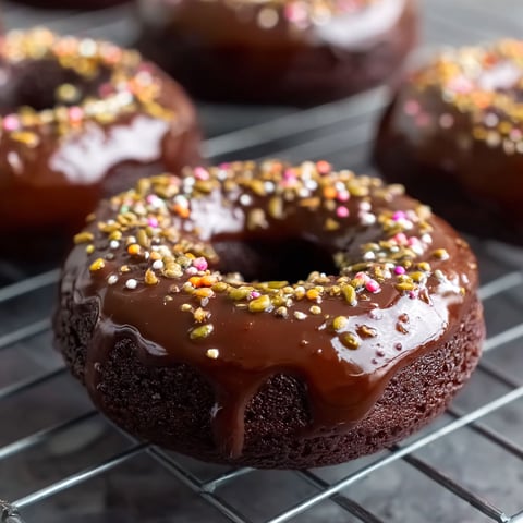 Chocolate donuts with sprinkles on a cooling rack.