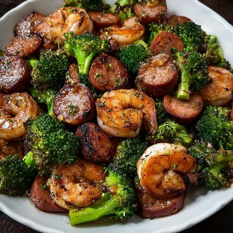 A plate of food with shrimp, sausage, and broccoli.