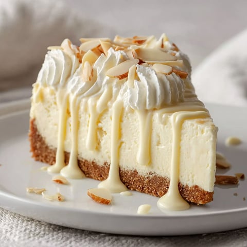 A slice of a no-bake kokos-cheesecake with white cream drizzled on top.