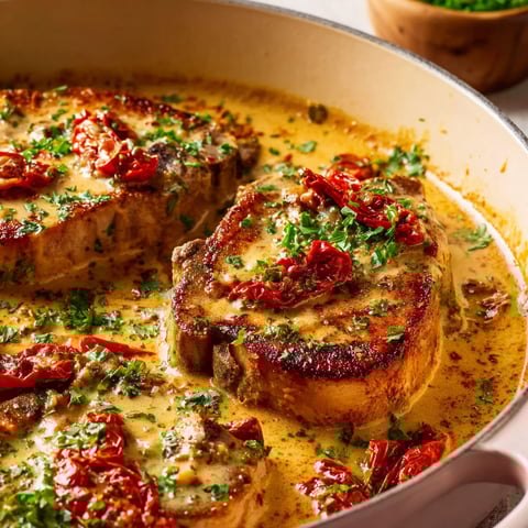 A dish of meat with red peppers and herbs.