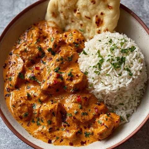 A bowl of butter chicken with rice and naan.